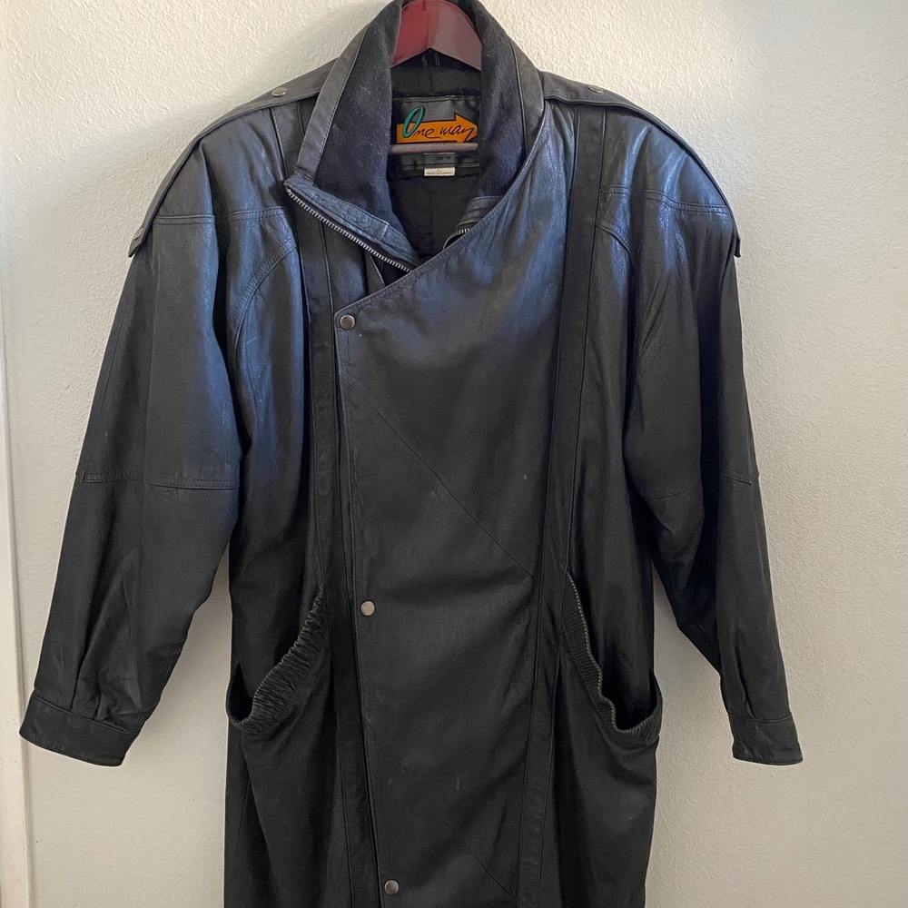 Vintage One Way Black Leather Trench Coat Duster Jacket Wool Large